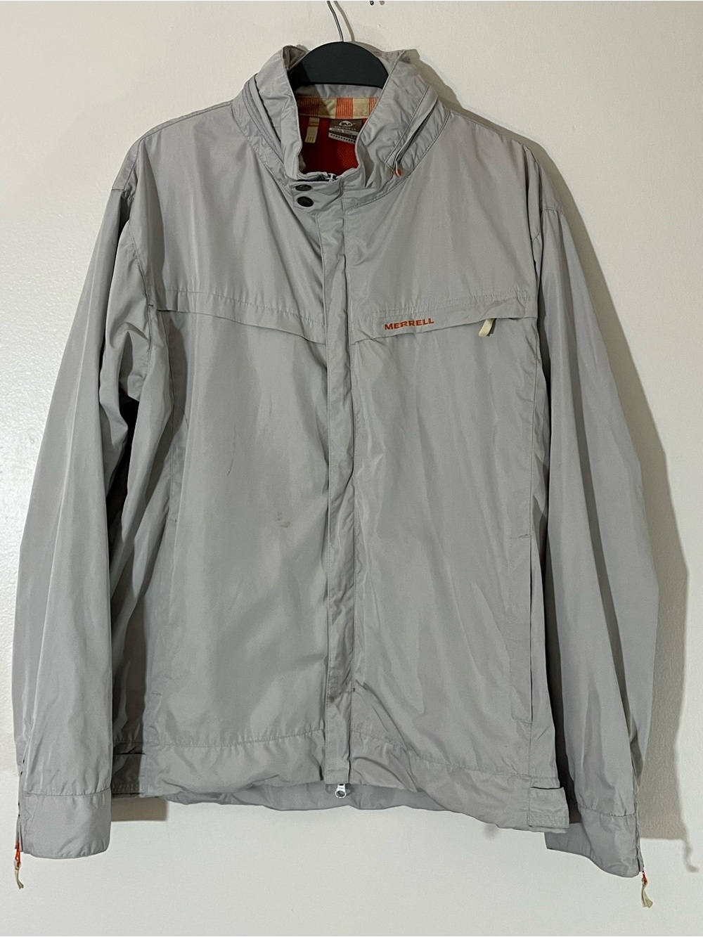 Merrell Men’s Full Zip Windbreaker Rain Jacket with Packable Hood Light Gray L